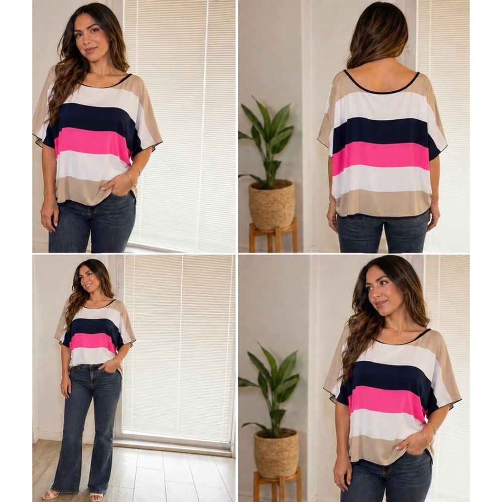 Libian Womens Pink Navy Blue Striped Dolman Sleeve Scoop Neck Blouse Top